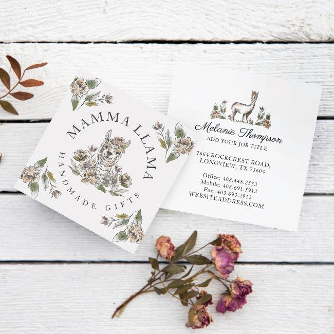 Cute Adorable Llama Watercolor Sketch Floral Square
