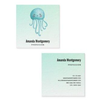 Cute and Happy Blue-Green Jellyfish Square