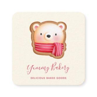 Cute Bear Face in a Red Scarf Christmas Cookie Square