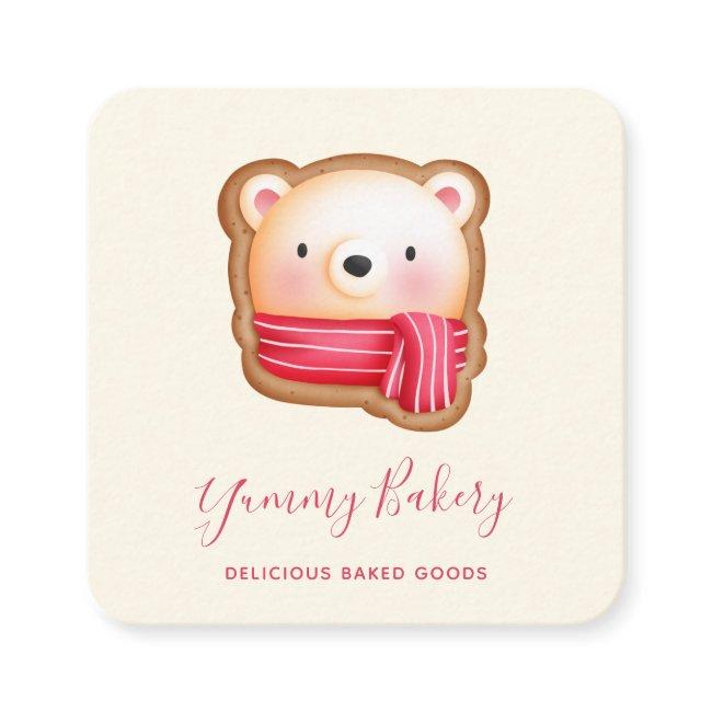 Cute Bear Face in a Red Scarf Christmas Cookie Square