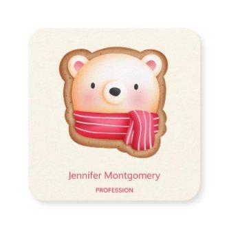 Cute Bear Face in a Red Scarf Christmas Cookie Square