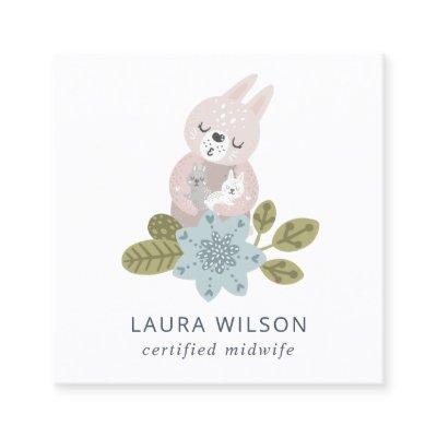 CUTE BLUSH BLUE SCANDI FLORAL BEAR BABY MIDWIFE SQUARE