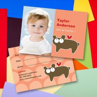 Cute Cartoon Brown Bear Photo Kid's Play Date Calling Card