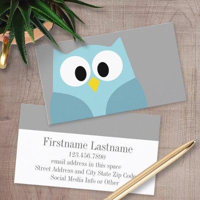 Cute Cartoon Owl - Blue and Gray Custom Name