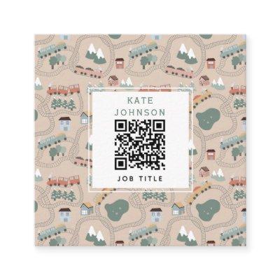 Cute Colorful Trains on Train Tracks QR Code Square