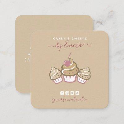 Cute Cupcakes Cream Bakery Social Media Beige Chic Square