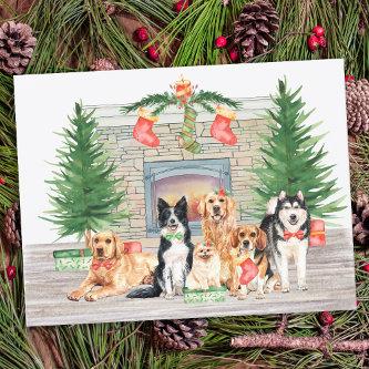 Cute Dog Lover Puppy Christmas Fireplace Scene Holiday Postcard