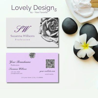 Cute Drawn Rose Plain Gray Lilac Initials QR Code
