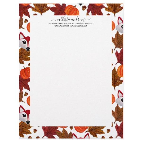 Cute Fall Fox Pumpkin Acorn Maple Leaf Watercolor Letterhead