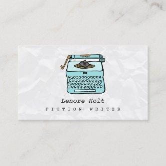 Cute Fiction Writer With Retro Blue Typewriter