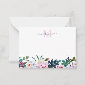 Cute Floral Blush Pink Peony Botanical Monogram Note Card