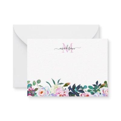 Cute Floral Blush Pink Peony Botanical Monogram Note Card
