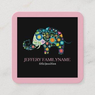 Cute Floral Elephant On Black Pink Border Square