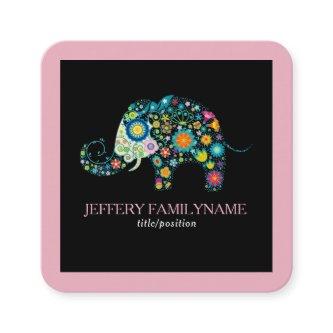 Cute Floral Elephant On Black Pink Border Square
