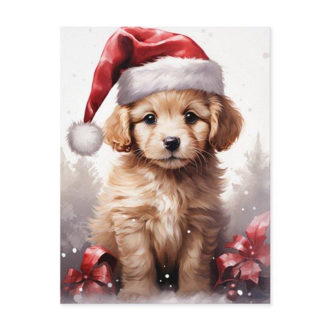 Cute Fluffy Puppy in a Santa Hat Christmas Holiday Postcard