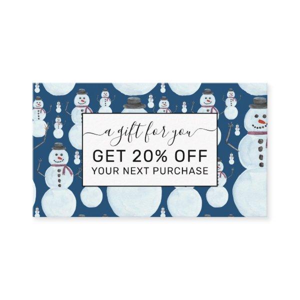 Cute Frosty Blue Snowman Watercolor Pattern Discount Card