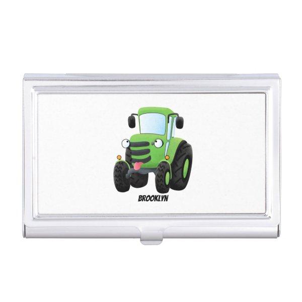 Cute green happy farm tractor cartoon illustration  case