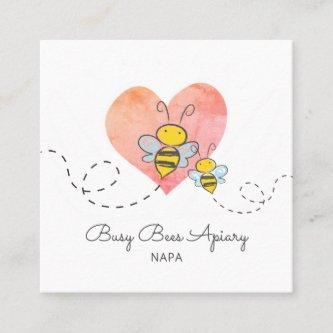 Cute Hand Drawn Honey Bees Pink Heart Apiary Farm Square