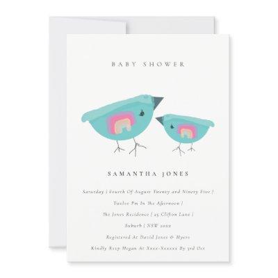 Cute Hand Drawn Rainbow Blue Birdy Baby Shower Invitation