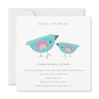 Cute Hand Drawn Rainbow Blue Birdy Baby Shower  Invitation