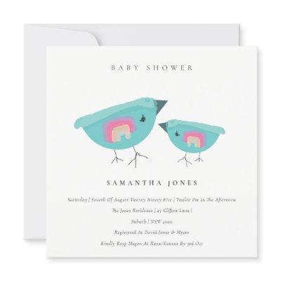 Cute Hand Drawn Rainbow Blue Birdy Baby Shower  Invitation