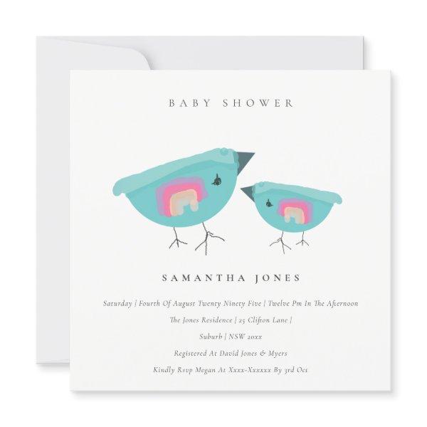 Cute Hand Drawn Rainbow Blue Birdy Baby Shower  Invitation