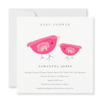 Cute Hand Drawn Rainbow Pink Birdy Baby Shower Invitation