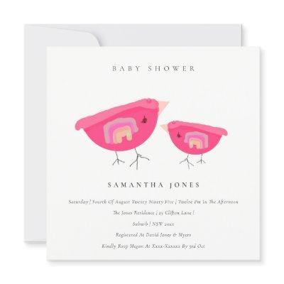 Cute Hand Drawn Rainbow Pink Birdy Baby Shower Invitation
