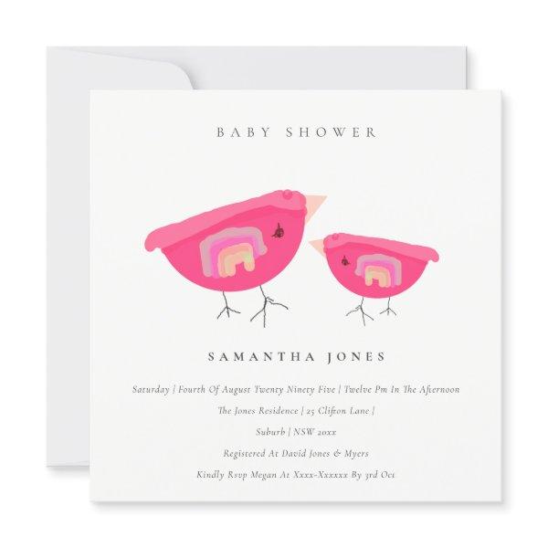 Cute Hand Drawn Rainbow Pink Birdy Baby Shower Invitation