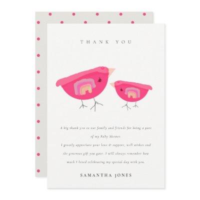 Cute Hand Drawn Rainbow Pink Birdy Baby Shower Thank You Card