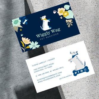 Cute Happy Dog Floral Botanical Navy Pet Services