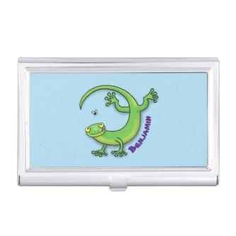 Cute happy green gecko greetings with bug cartoon  case