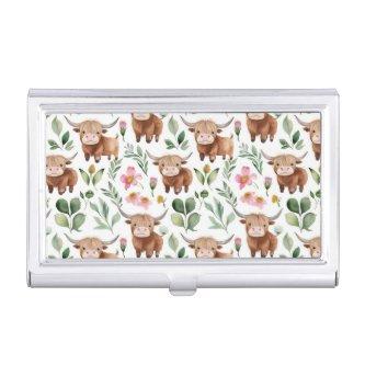 Cute Highland Cows & Pink Flowers Pattern Floral  Case