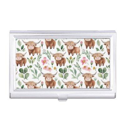 Cute Highland Cows & Pink Flowers Pattern Floral  Case