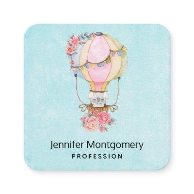 Cute Hot Air Balloon with Bear Watercolor Square