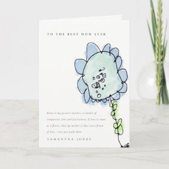 Cute Kid Drawn Blue Flower Botanical Mother's Day Card