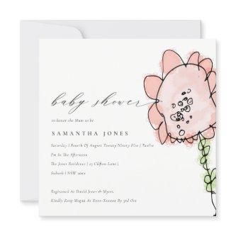 Cute Kid Drawn Peach Flower Botanical Baby Shower Invitation