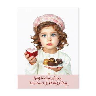 Cute kid with heart-shaped velvet cake chocolates postcard