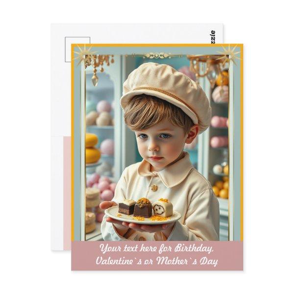 Cute kid with various handmade sweets custom postcard