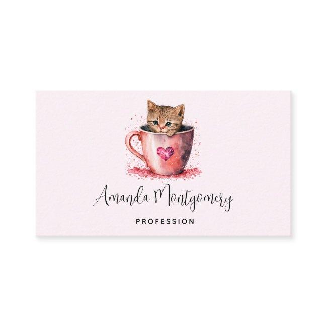 Cute Kitten in a Teacup with Hearts