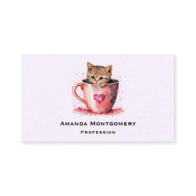 Cute Kitten in a Teacup with Hearts