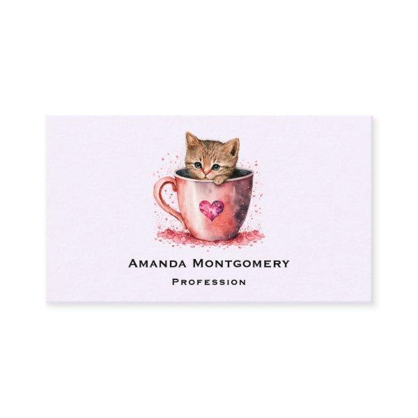 Cute Kitten in a Teacup with Hearts