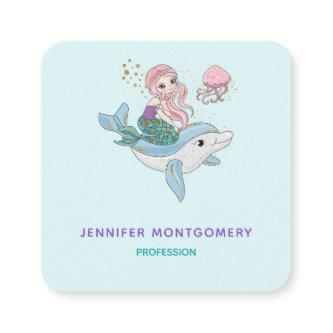 Cute Mermaid Riding a Dolphin Under the Sea Square