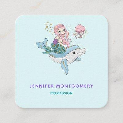 Cute Mermaid Riding a Dolphin Under the Sea Square