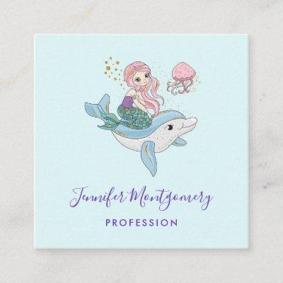 Cute Mermaid Riding a Dolphin Under the Sea Square