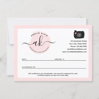 Cute Minimalist Photographer Gift Certificate Card