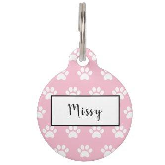 Cute Personalized pink and white paw print Pet ID Tag