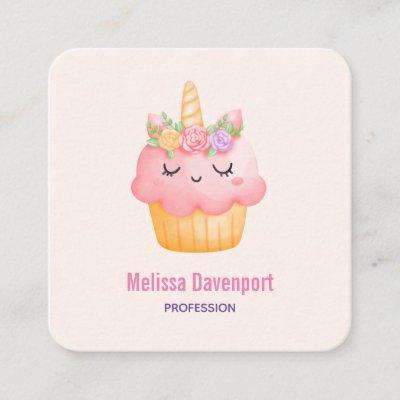 Cute Pink Cupcake Unicorn with Roses Square