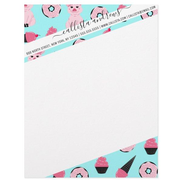 Cute Pink Mint Piggy Donut Ice Cream Cone Pattern Letterhead