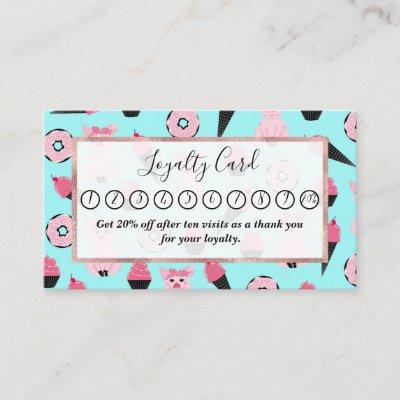 Cute Pink Mint Piggy Donut Ice Cream Cone Pattern Loyalty Card